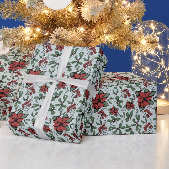 Papel De Presente Sazonal Red Poinsettias e Berries Blue (Feriados)