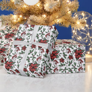 Papel De Presente Sazonal Red Poinsettias e Berries White