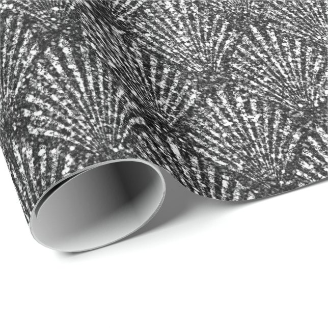 Papel De Presente Scales Seashell Black Art Deco Cinza Silver Glitte (Ponta do rolo)