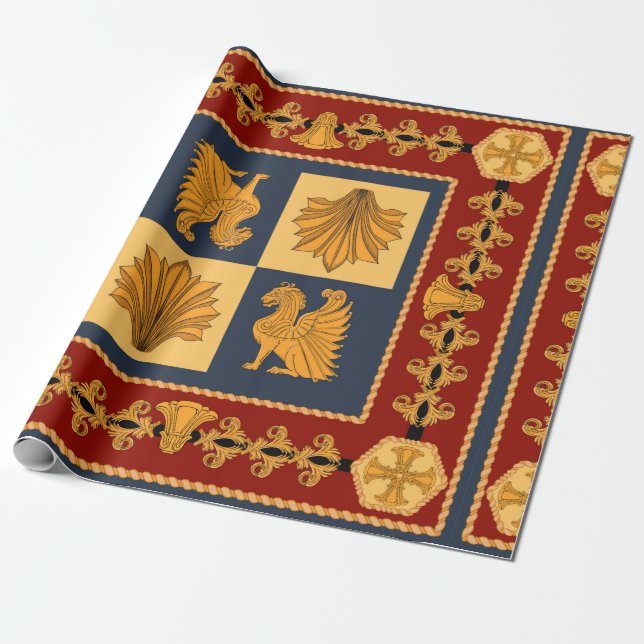 Papel De Presente Scarf with golden sitting lions. Separate elements (Desenrolado)