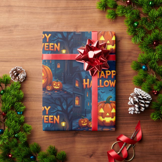 Papel De Presente Scary Cute Pumpkins, Ghosts & Spider Web Design (Presente de Natal)
