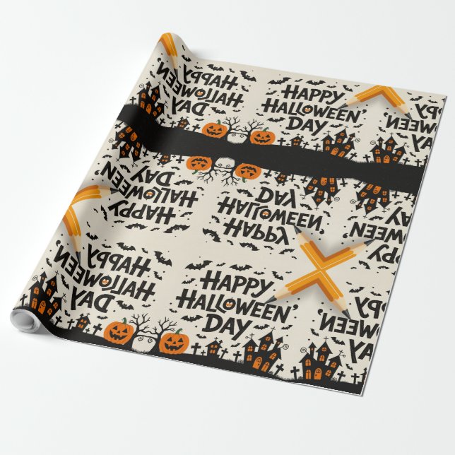 Papel De Presente Scary Cute Pumpkins, Ghosts & Spider Web Design (Desenrolado)