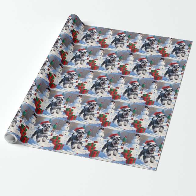 Papel De Presente Schnauzer Correndo em Neve com Chapéu de Natal (Desenrolado)
