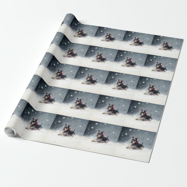 Papel De Presente Schnauzer miniatura Natal neve inverno (Desenrolado)