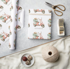Papel De Presente Scooter Costeiro Rosa e Aqua Fofo