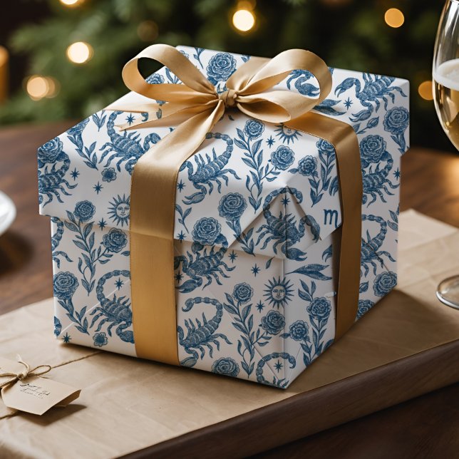 Papel De Presente Scorpio Zodiac Intricate Celestial Blue Floral (Scorpio Zodiac toile wrap with Delft blue scorpions, florals & celestial charm.)