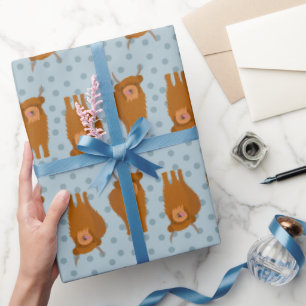 Papel De Presente Scottish Highland Cattle Pale Blue Bolinhas