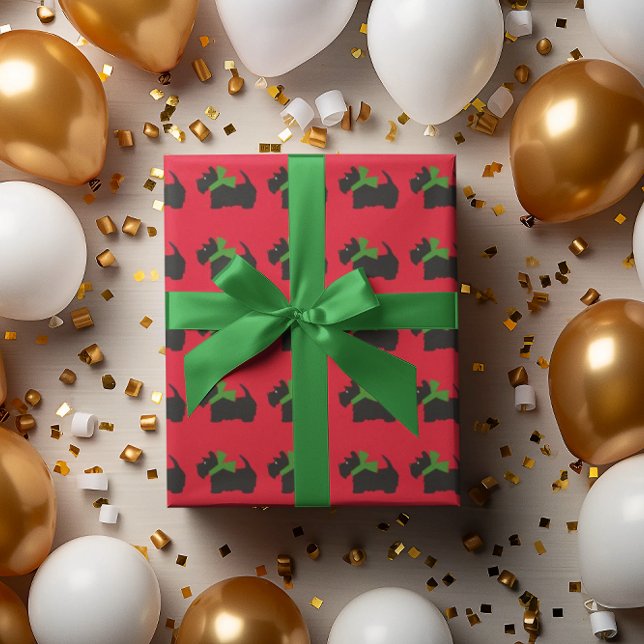 Papel De Presente Scotty Dog e Tartan Feliz Natal (Jaunty Scottish Terriers in their Christmas scarves parade across this fun gift wrap.)
