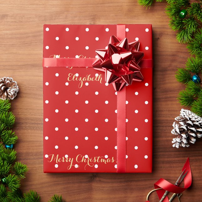 Papel De Presente Script Dourado Falso de Bolinhas Vermelha de Natal (Custom Christmas Red Polka Dot Faux Gold Script Wrapping Paper)