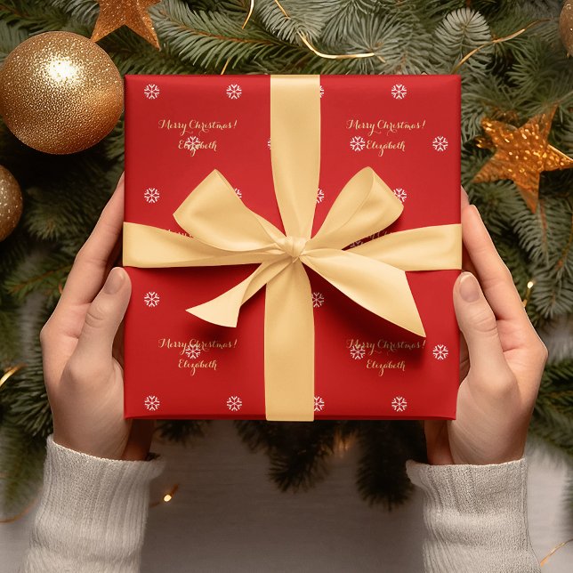 Papel De Presente Script Faux Dourado Faux Flocos de Neve Vermelha d (Custom Christmas Red Snowflakes Faux Gold Script Wrapping Paper)