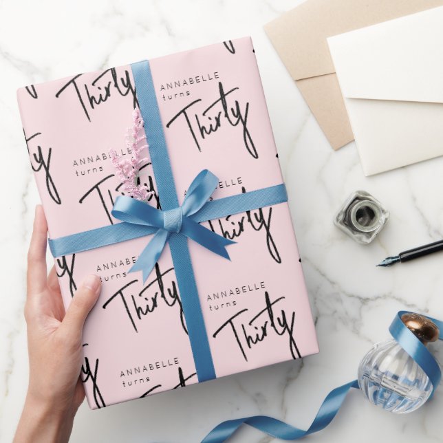 Papel De Presente script rosa aniversário de 30 anos blush (Presentear)