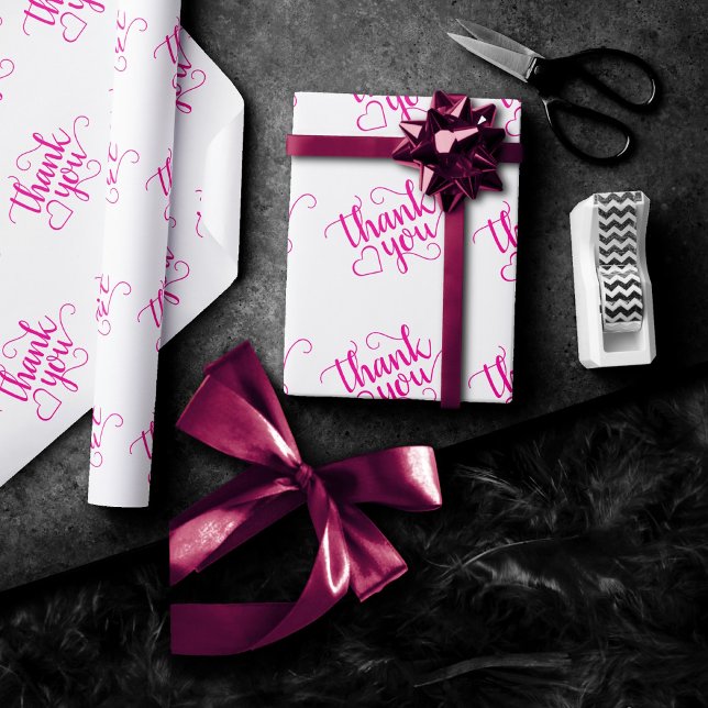 Papel De Presente Script Rosa Simples | Magenta Heart Obrigado (Criador carregado)