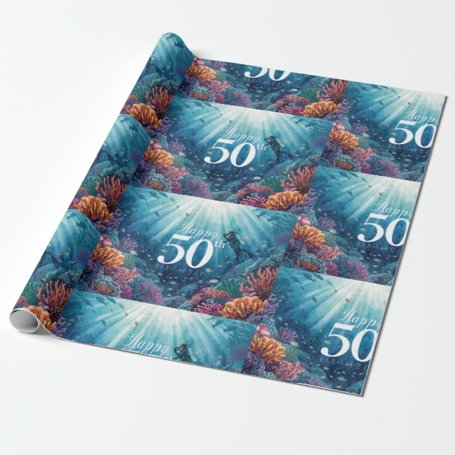Papel De Presente Scuba 50th birthday underwater birthday card  (Desenrolado)