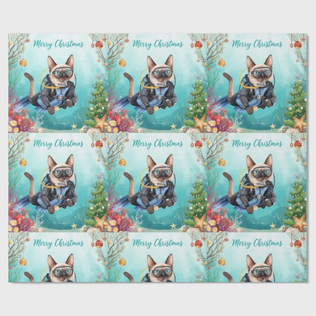 Papel De Presente Scuba Cat Underwater Holiday  Merry Christmas  (Aberto)