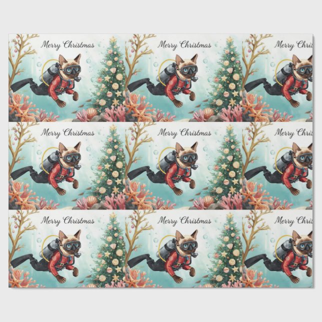 Papel De Presente Scuba Cat Underwater Holiday  Merry Christmas  (Aberto)
