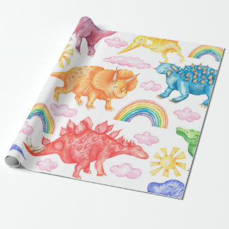 Papel De Presente Seamless pattern depicting colored dinosaurs, rain
