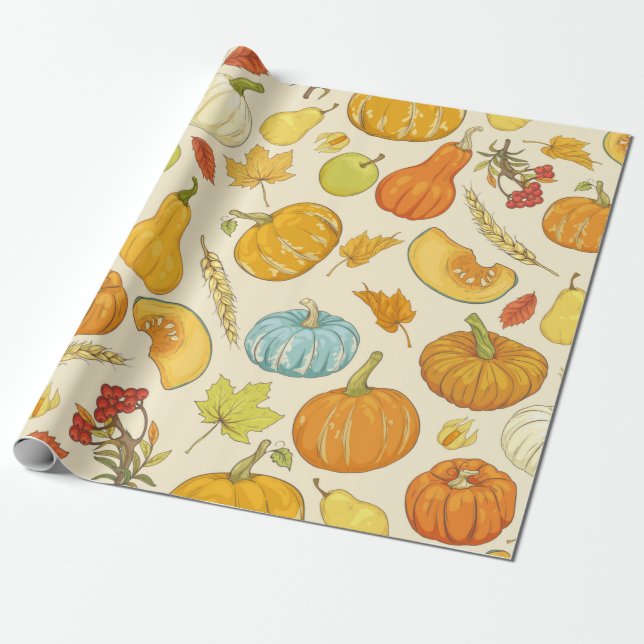 Papel De Presente Seamless pattern with pumpkins, autumn leaves, app (Desenrolado)