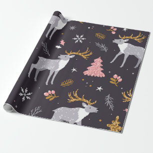 Papel De Presente seamless pattern with reindeer, fir trees and sno