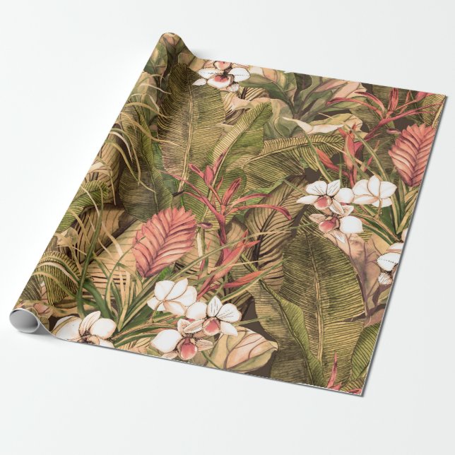 Papel De Presente Seamless pattern with tropical leaves and flowers. (Desenrolado)
