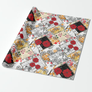 Papel De Presente Seamless retro vintage patchwork quilting poppies