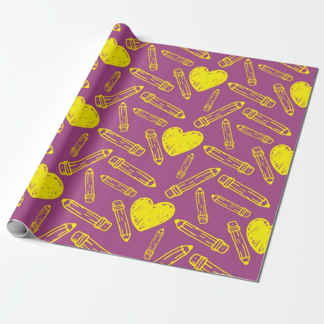 Papel De Presente Seamless School Wrapping Paper With Heart Pencil  (Desenrolado)