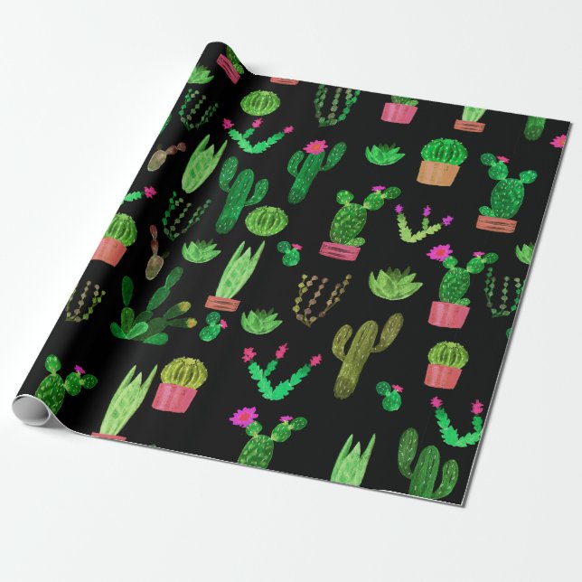 Papel De Presente Seamless watercolor cactuses plant pattern backgro (Desenrolado)