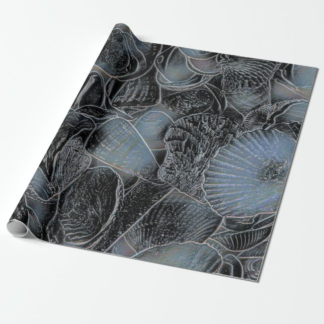Papel De Presente Seashells Ocean Beach Pastel Blue Black Decoupage (Desenrolado)