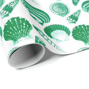 Papel De Presente Seashells - verde esmeralda em um fundo branco