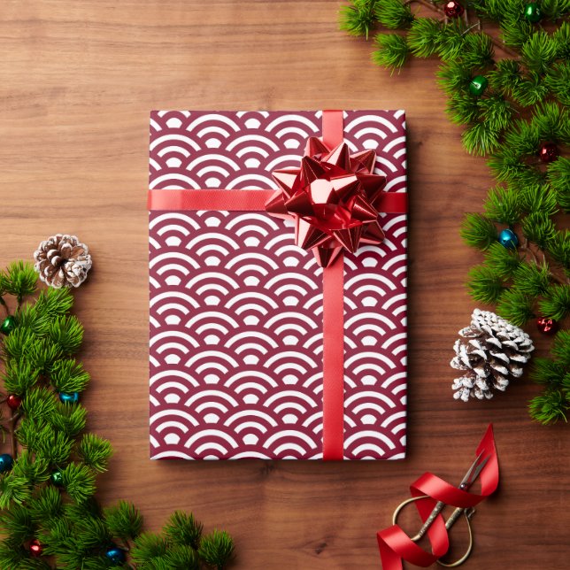Papel De Presente Seigaiha, Ondas, Japonês, Burgundy e Branco (Presente de Natal)