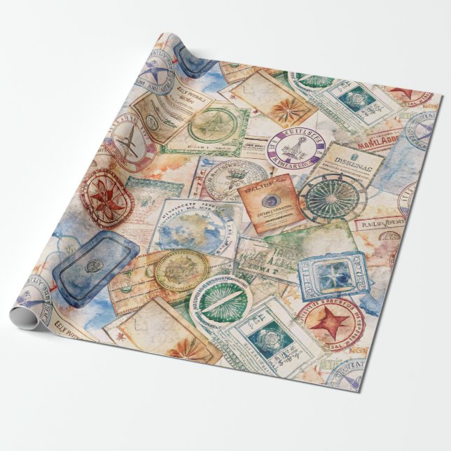 Papel De Presente Selo de Passaporte Rústico Padrão de Viagem (9) (Desenrolado)