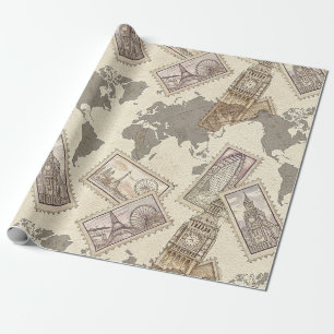 Papel De Presente Selo de Viagem Vintage Sépia com Mapa Mundial