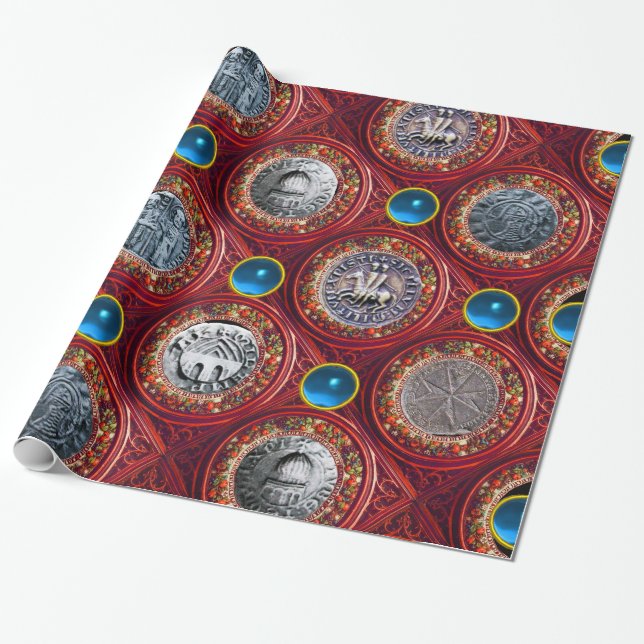 Papel De Presente SELO DOS KNIGHTS TEMPLAR - Gemas Azuis Vermelhas (Desenrolado)