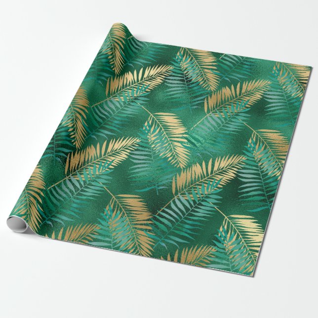 Papel De Presente Selva Ouro Verde Esmeralda Palm Folha Brilhante (Desenrolado)