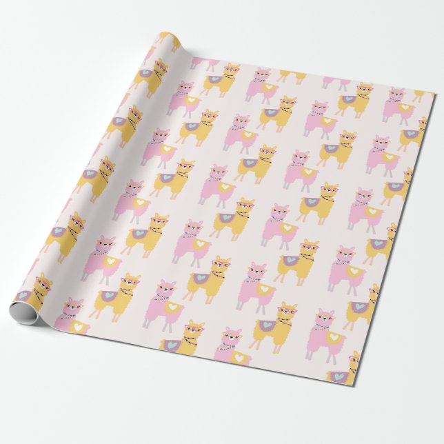 Papel De Presente Sem Drama Llama Padrão Amarelo Cor-de-Rosa Bonito (Desenrolado)