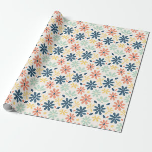 Papel De Presente Sem Semente Floral Colorida em Azul, Rosa e Amarel