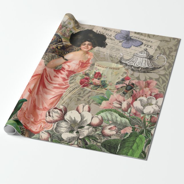 Papel De Presente Senhora Café Mulher Vitoriana Rosa Vestido Rico (Desenrolado)