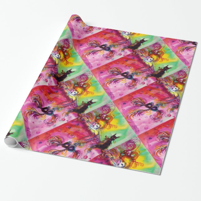 Papel De Presente SENHORA COM GATO NEGRO E Festa de Mascarada MÁSCAR (Desenrolado)