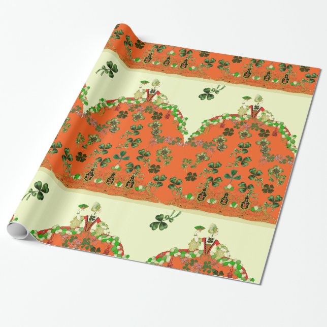 Papel De Presente SENHORA LARANJA E Ruas DE SHAMROCKS. (Desenrolado)