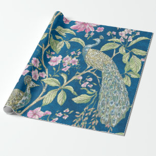 Papel De Presente Separação floral de pavão de chinês azul
