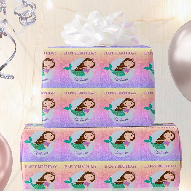 Papel De Presente Sereia Bonita Arco-íris Brilho Personalizado Anive (Criador carregado)