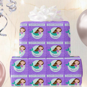 Papel De Presente Sereia Bonita Brilho Roxo Aniversário Personalizad