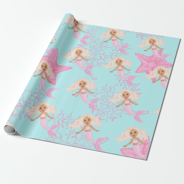 Papel De Presente Sereia Cute Girly De Azul Rosa Sob O Mar (Desenrolado)