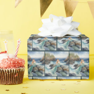 Papel De Presente Sereia De Aquarela Em Rochas