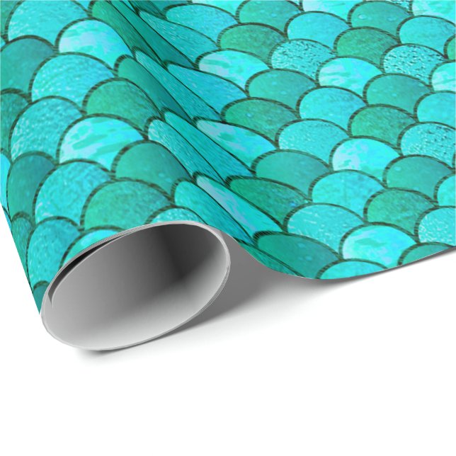 Papel De Presente Sereia Escala Azul-Oceano Aqua Glitter (Ponta do rolo)