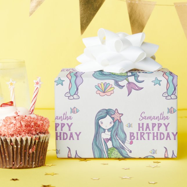Papel De Presente Sereia Feliz Aniversário Personalizado (Festa de aniversário)