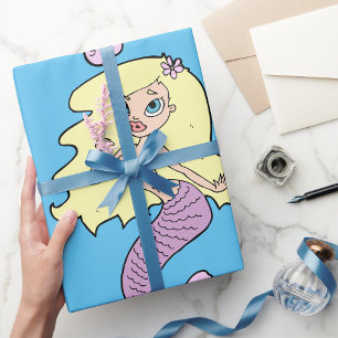 Papel De Presente Sereia Loira Fofa com Cauda Roxa