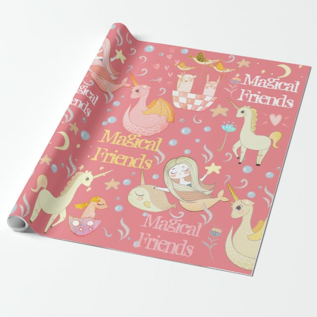 Papel De Presente Sereia Narval Unicórnio Dragão Caprichoso Personal (Desenrolado)