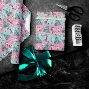 Papel De Presente Sereia Natal   Meias e árvores, cor-de-rosa