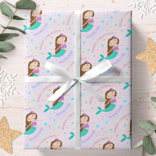 Papel De Presente Sereia Natal Roxo Glitter Dourado Personalizado