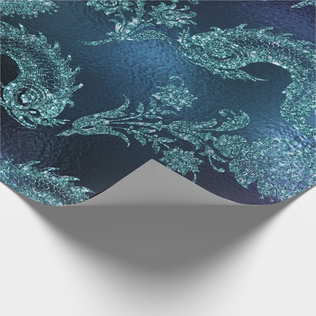 Papel De Presente Sereia Oceano Glitter Azul Marinho Teal Vida marin (Ponta)